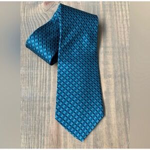 Via Europa Mens Teal Geometric Silk Tie Blue Black Classic Preppy Dark Academia
